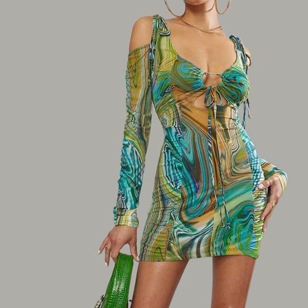 NWT Dollskill Poster Girl Hypnotic Marble Swirl Blue Green Bodycon Mini Dress